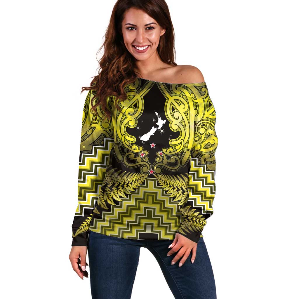 Personalised Aotearoa Matariki Off Shoulder Sweater Yellow Fern Maori Poutama LT01 Women Yellow - Polynesian Pride
