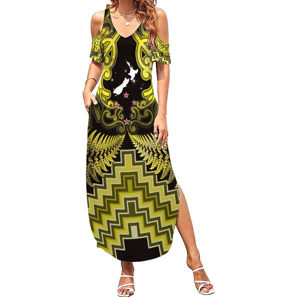 Personalised Aotearoa Matariki Summer Maxi Dress Yellow Fern Maori Poutama LT01 Women Yellow - Polynesian Pride