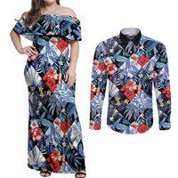 Hawaii Tropicana Blue Pattern Couples Matching Off Shoulder Maxi Dress and Long Sleeve Button Shirt LT01 Blue - Polynesian Pride