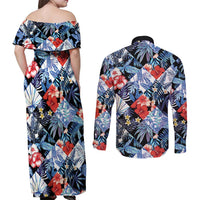 Hawaii Tropicana Blue Pattern Couples Matching Off Shoulder Maxi Dress and Long Sleeve Button Shirt LT01 - Polynesian Pride