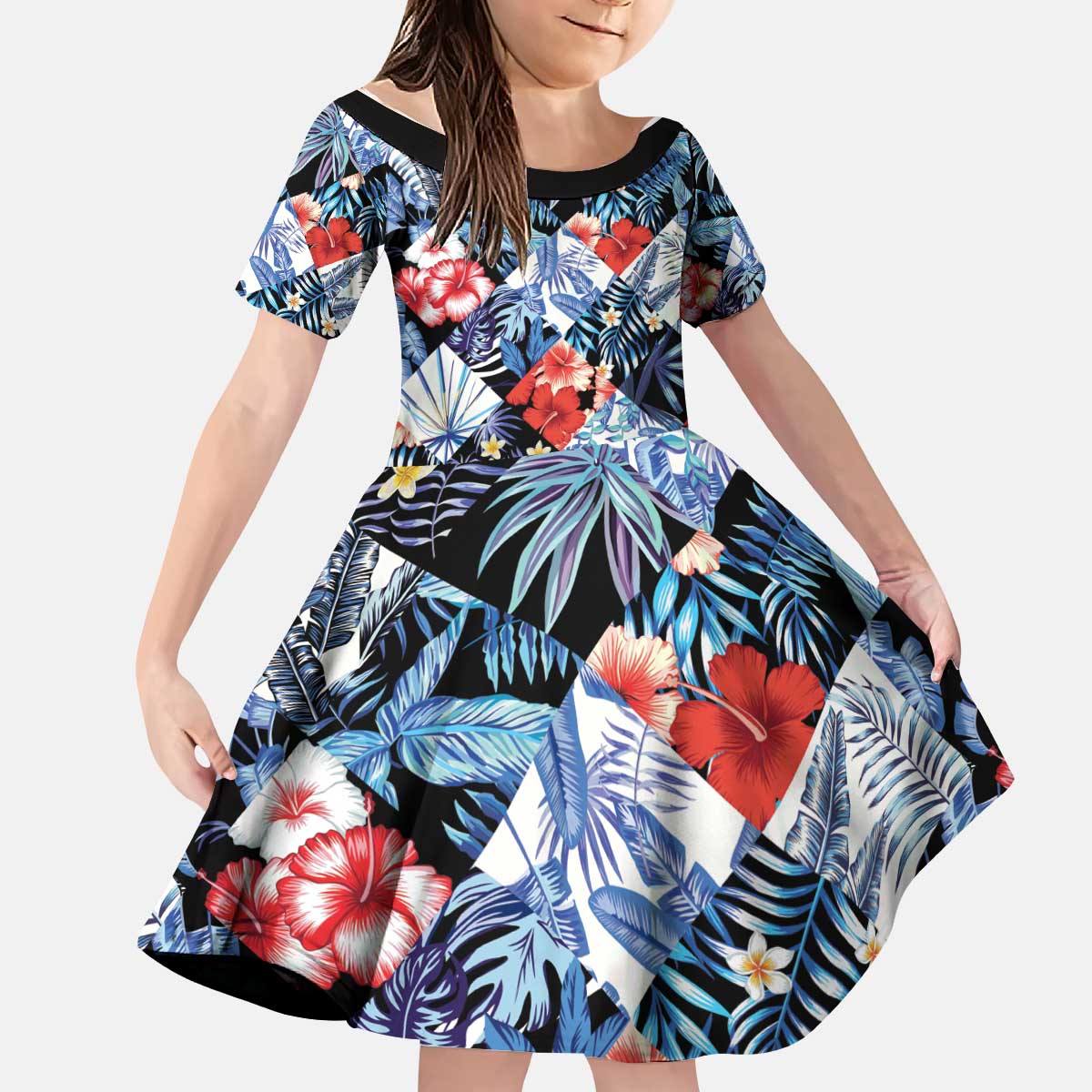 Hawaii Tropicana Blue Pattern Kid Short Sleeve Dress LT01 KID Blue - Polynesian Pride