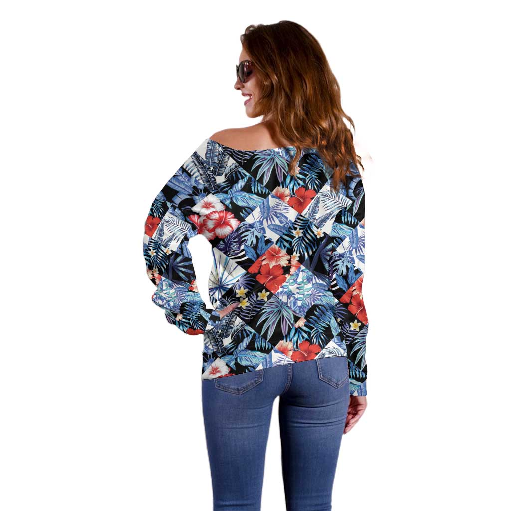 Hawaii Tropicana Blue Pattern Off Shoulder Sweater LT01 - Polynesian Pride