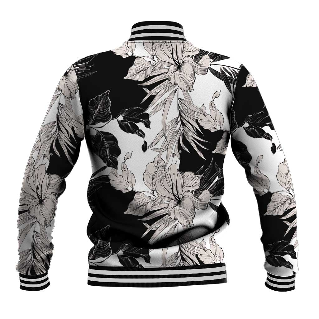 Black White Monotone Tropical Flowers Pattern Baseball Jacket LT01 - Polynesian Pride
