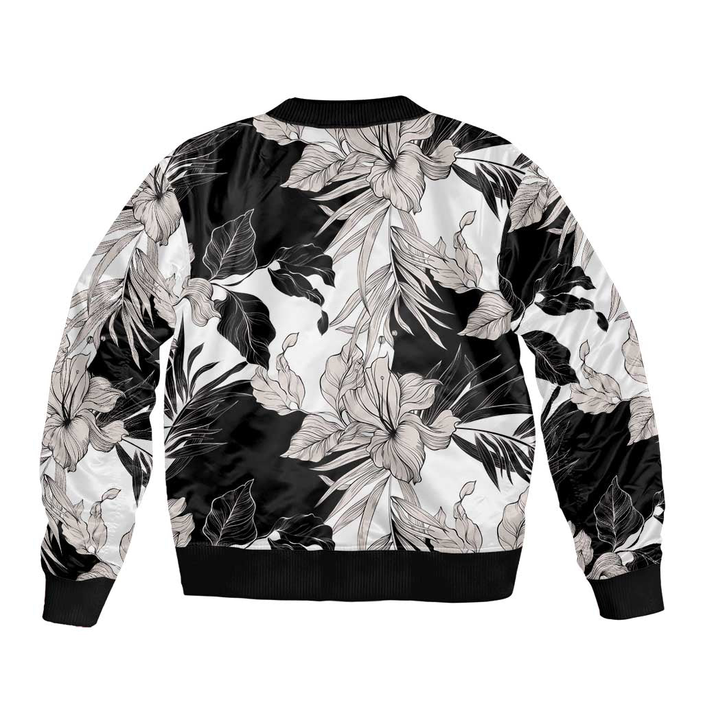 Black White Monotone Tropical Flowers Pattern Bomber Jacket LT01 - Polynesian Pride