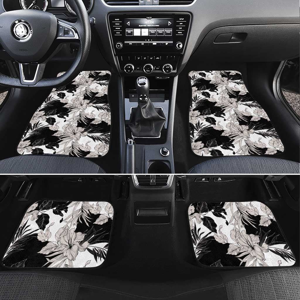 Black White Monotone Tropical Flowers Pattern Car Mats LT01 Set 4pcs Black - Polynesian Pride