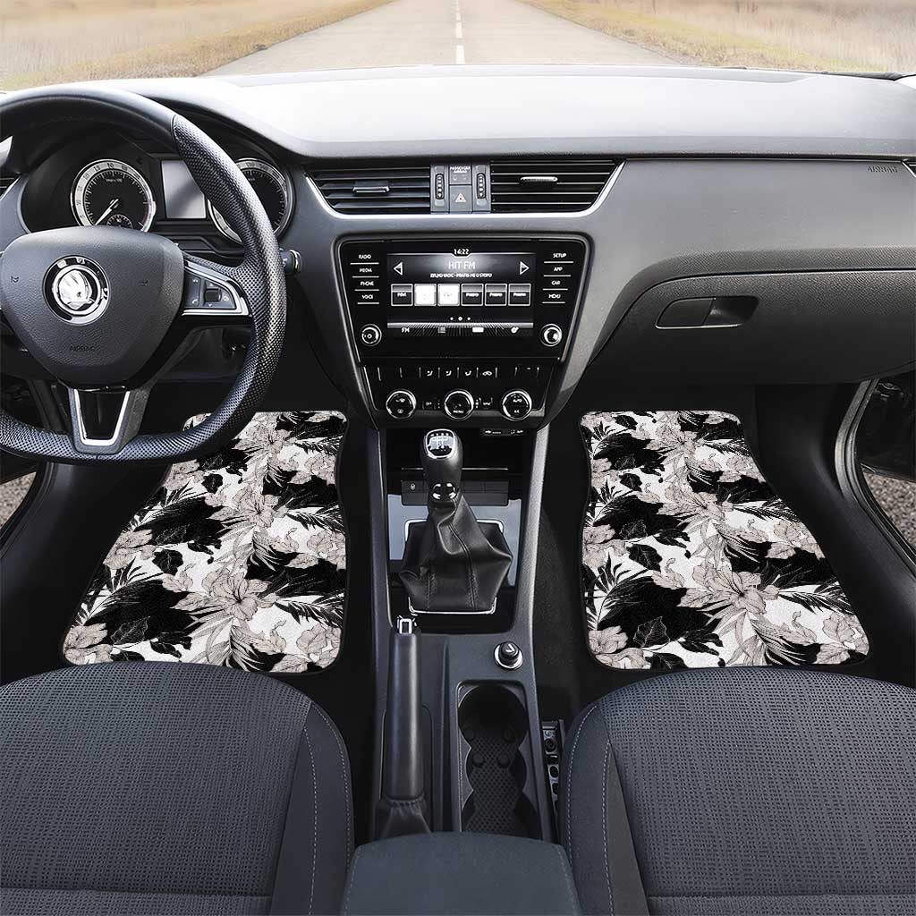 Black White Monotone Tropical Flowers Pattern Car Mats LT01 Set 2pcs - Front Black - Polynesian Pride