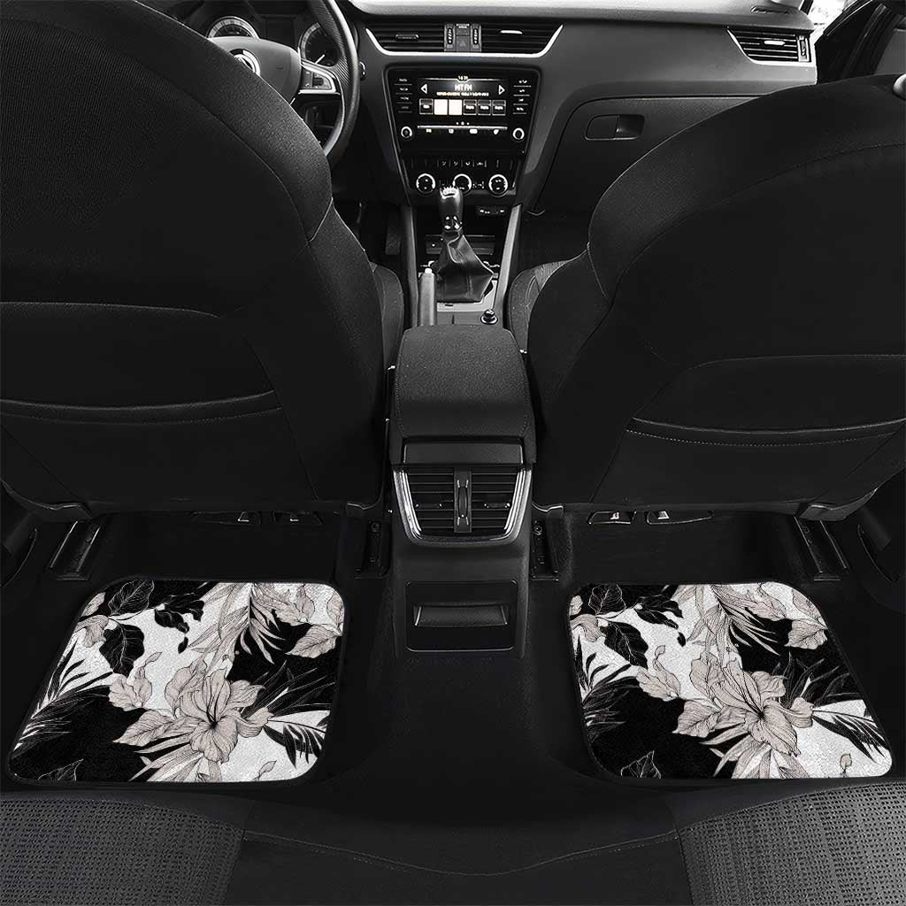 Black White Monotone Tropical Flowers Pattern Car Mats LT01 Set 2pcs - Back Black - Polynesian Pride