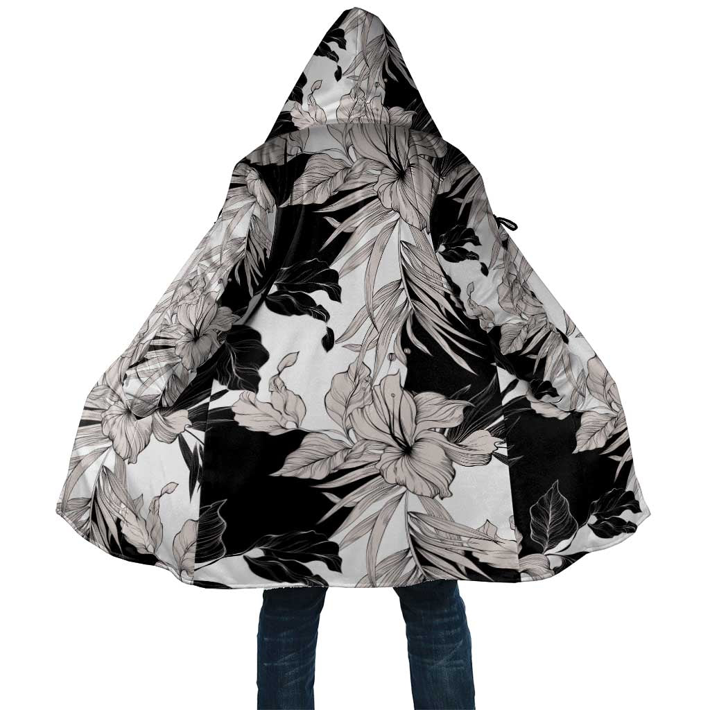 Black White Monotone Tropical Flowers Pattern Cloak LT01 Unisex Black - Polynesian Pride