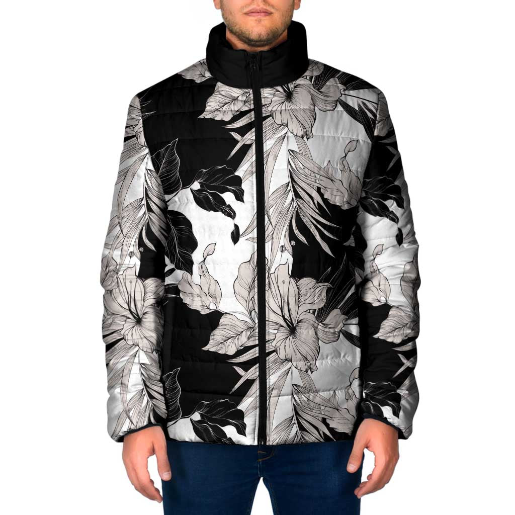 Black White Monotone Tropical Flowers Pattern Padded Jacket LT01 Men Black - Polynesian Pride