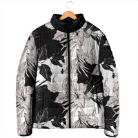 Black White Monotone Tropical Flowers Pattern Padded Jacket LT01 - Polynesian Pride