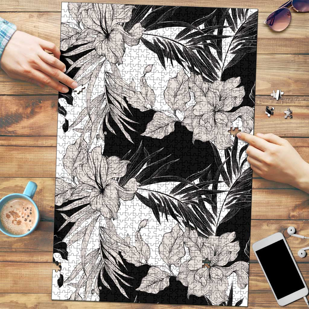 Black White Monotone Tropical Flowers Pattern Puzzle LT01 Black - Polynesian Pride
