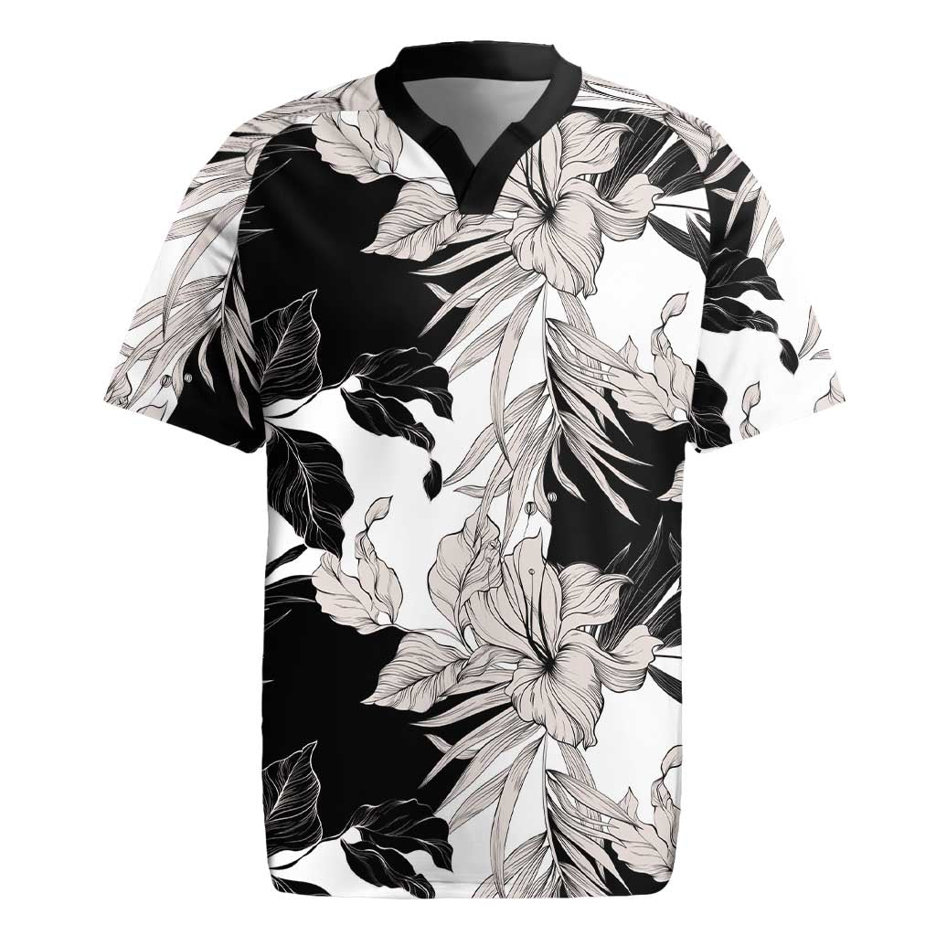 Black White Monotone Tropical Flowers Pattern Rugby Jersey LT01 Black - Polynesian Pride
