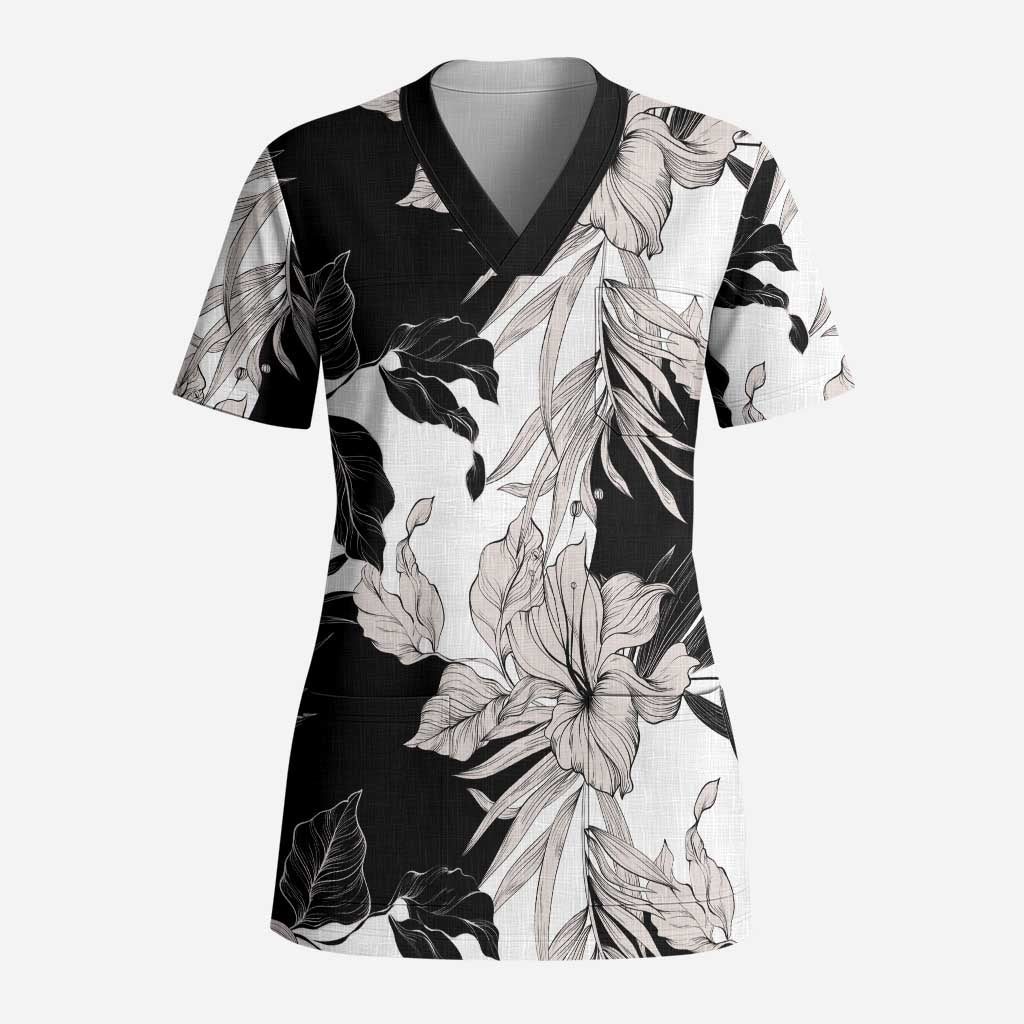 Black White Monotone Tropical Flowers Pattern Scrub Top LT01 Adult Black - Polynesian Pride
