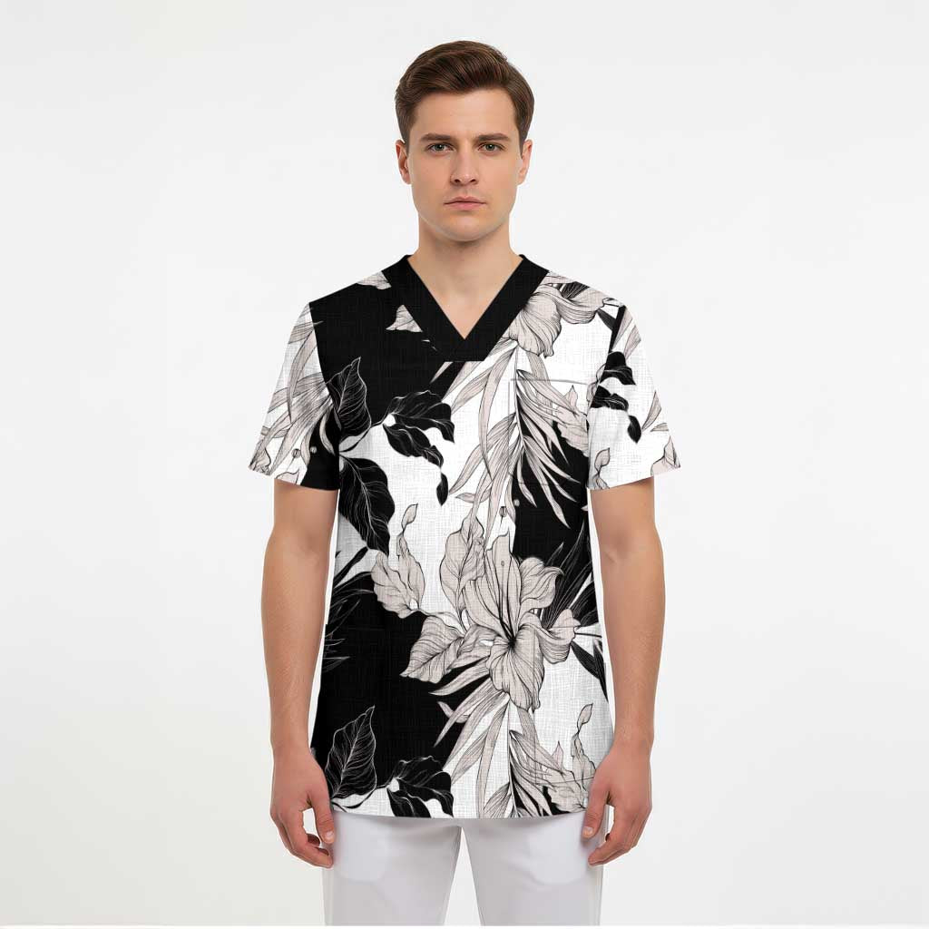 Black White Monotone Tropical Flowers Pattern Scrub Top LT01 - Polynesian Pride