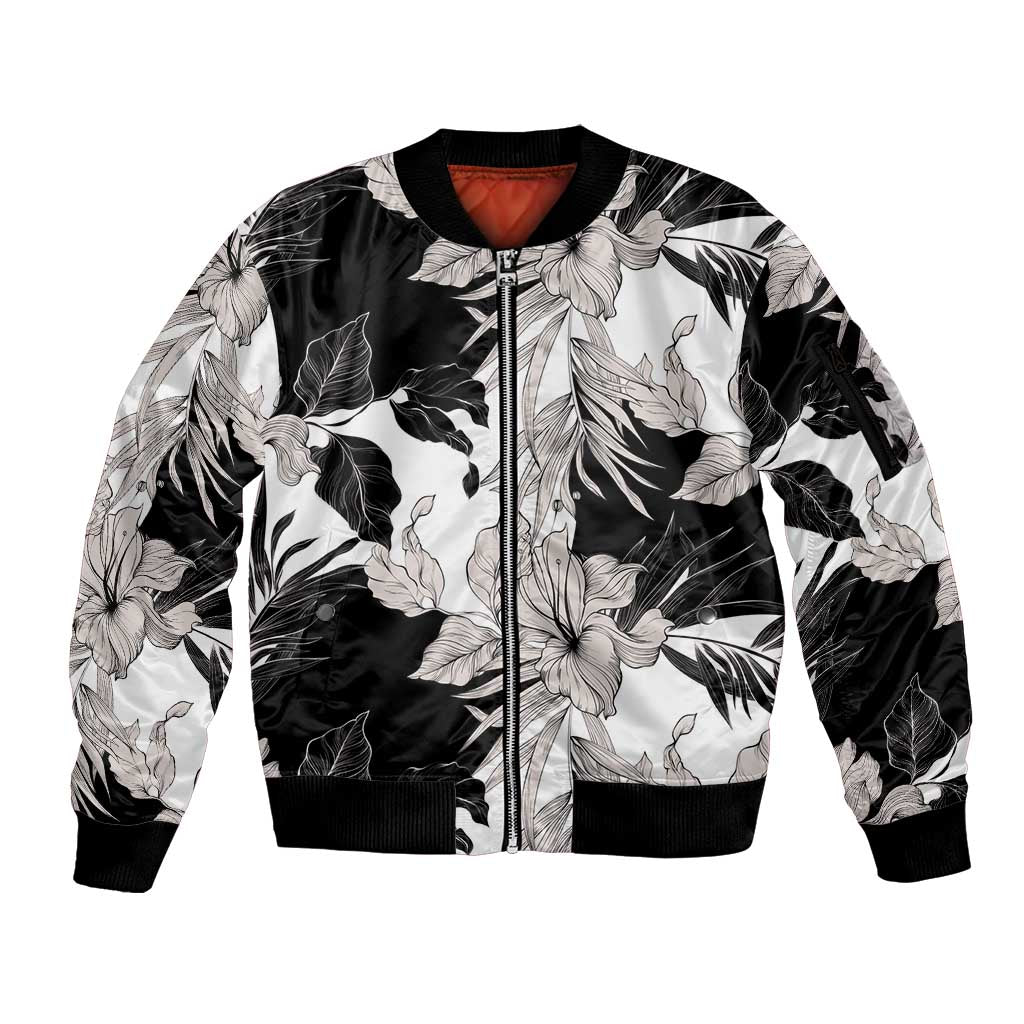 Black White Monotone Tropical Flowers Pattern Sleeve Zip Bomber Jacket LT01 Unisex Black - Polynesian Pride