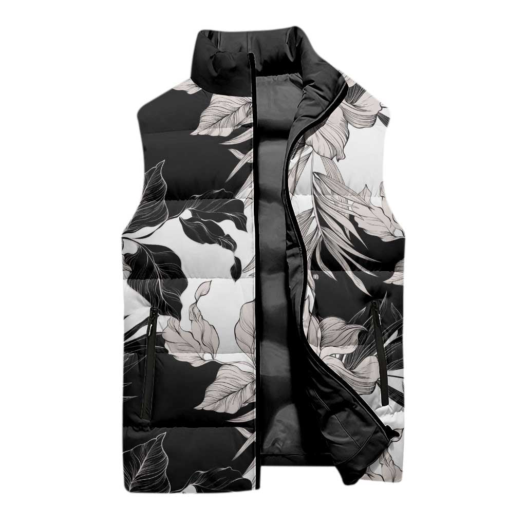 Black White Monotone Tropical Flowers Pattern Sleeveless Puffer Jacket LT01 - Polynesian Pride