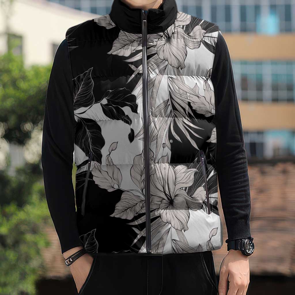Black White Monotone Tropical Flowers Pattern Sleeveless Puffer Jacket LT01 - Polynesian Pride