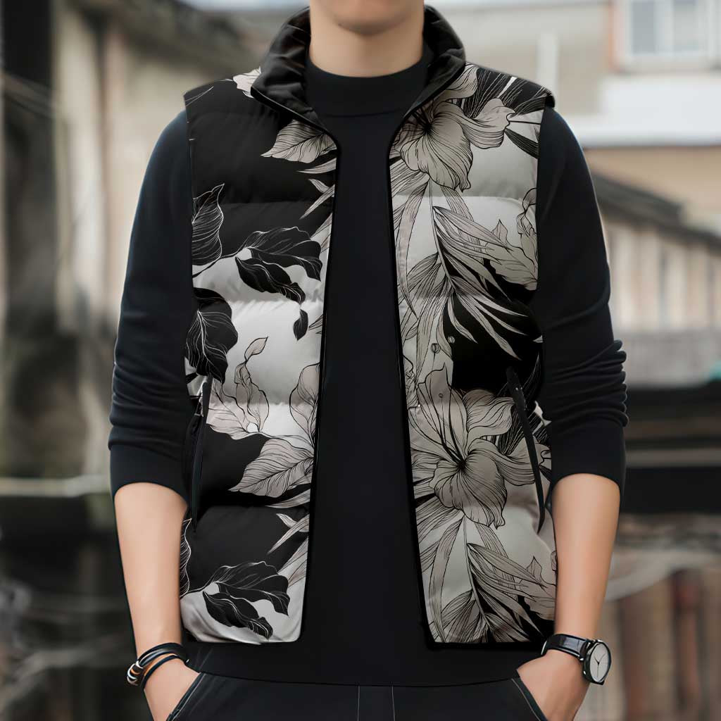 Black White Monotone Tropical Flowers Pattern Sleeveless Puffer Jacket LT01 - Polynesian Pride