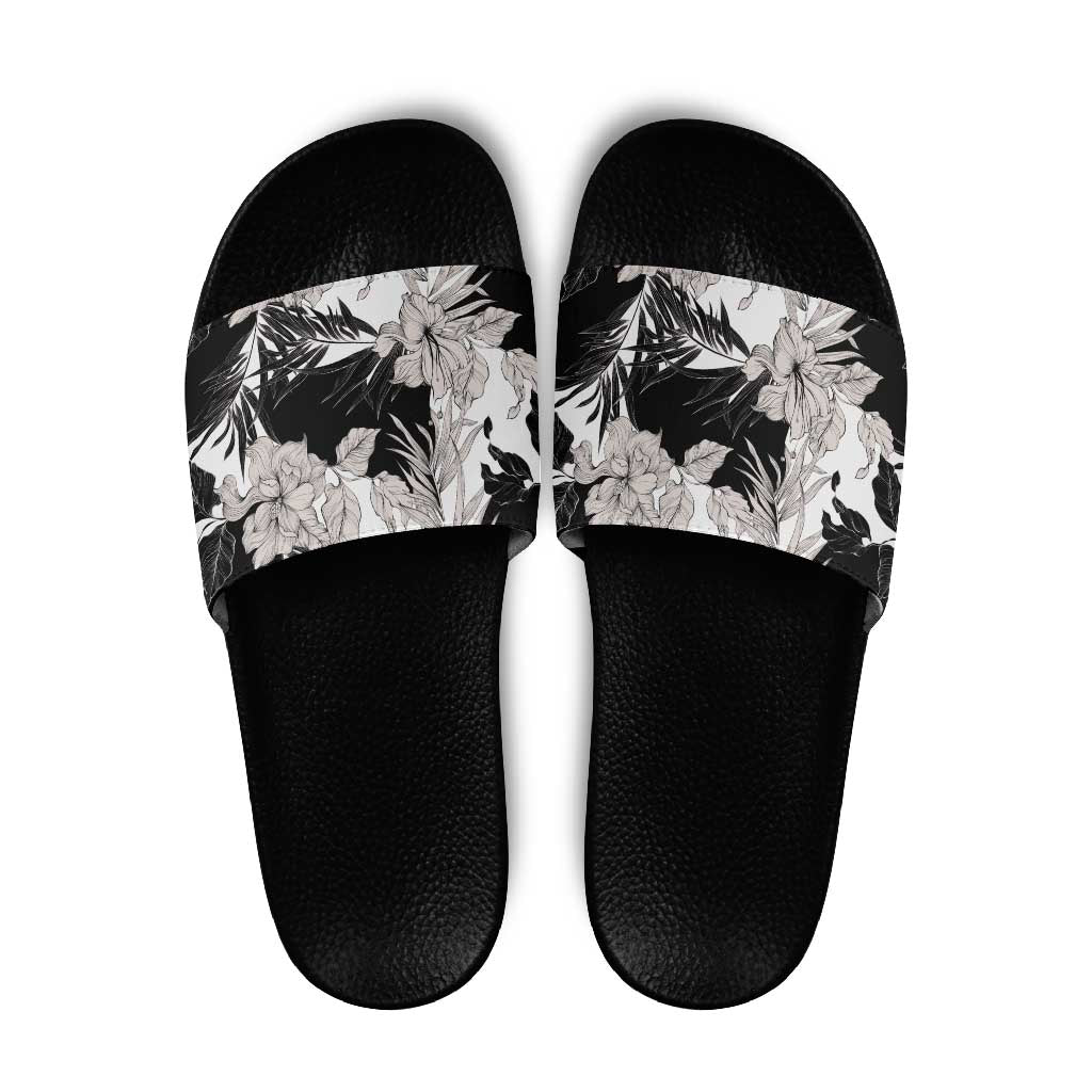 Black White Monotone Tropical Flowers Pattern Slide Sandals LT01 Black - Polynesian Pride
