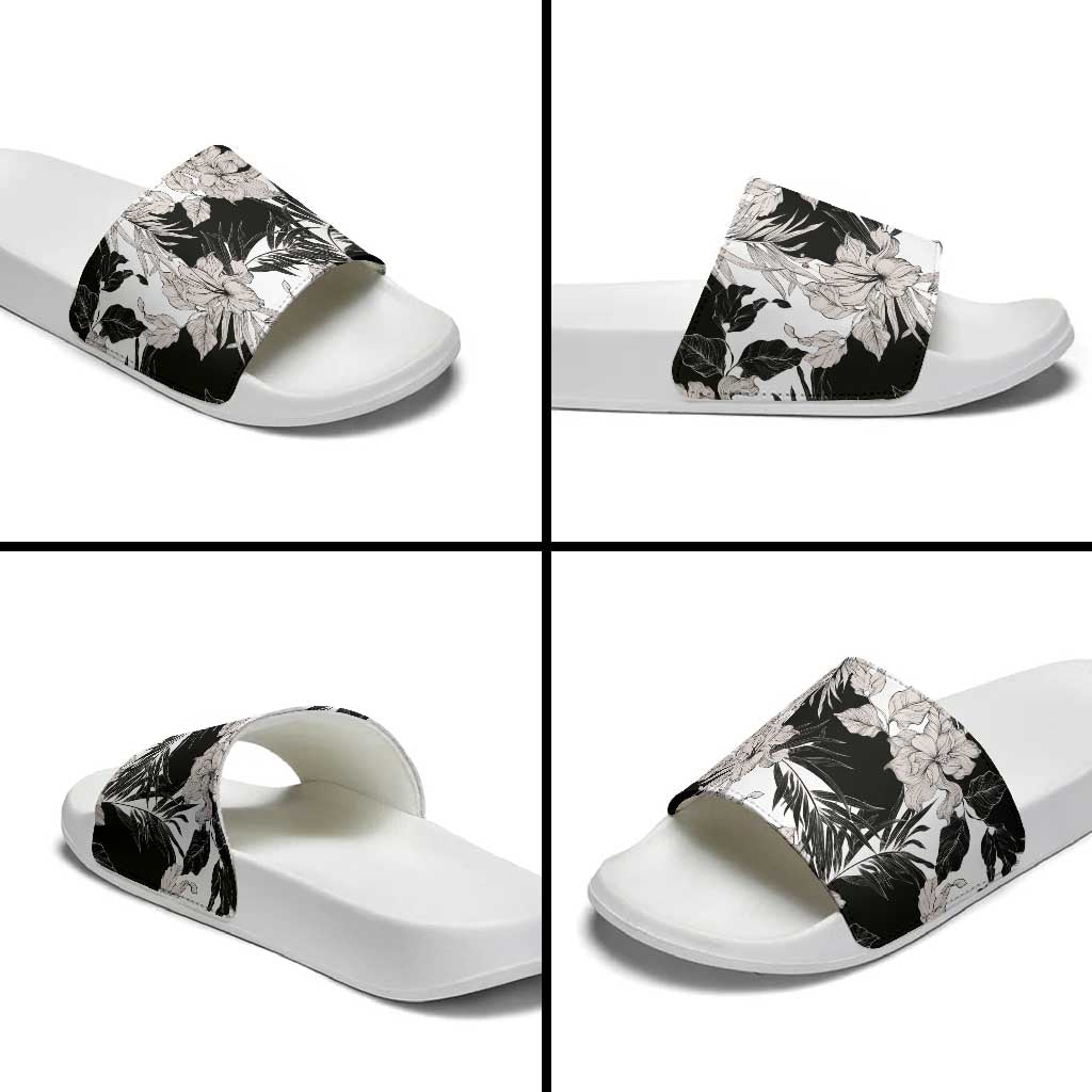 Black White Monotone Tropical Flowers Pattern Slide Sandals LT01 - Polynesian Pride
