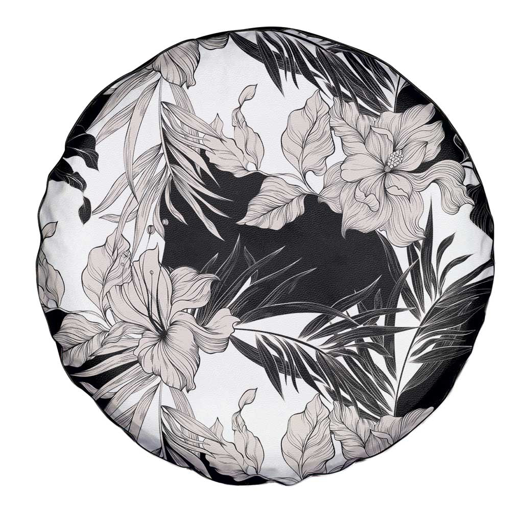Black White Monotone Tropical Flowers Pattern Spare Tire Cover LT01 - Polynesian Pride