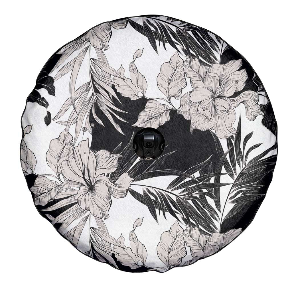 Black White Monotone Tropical Flowers Pattern Spare Tire Cover LT01 - Polynesian Pride