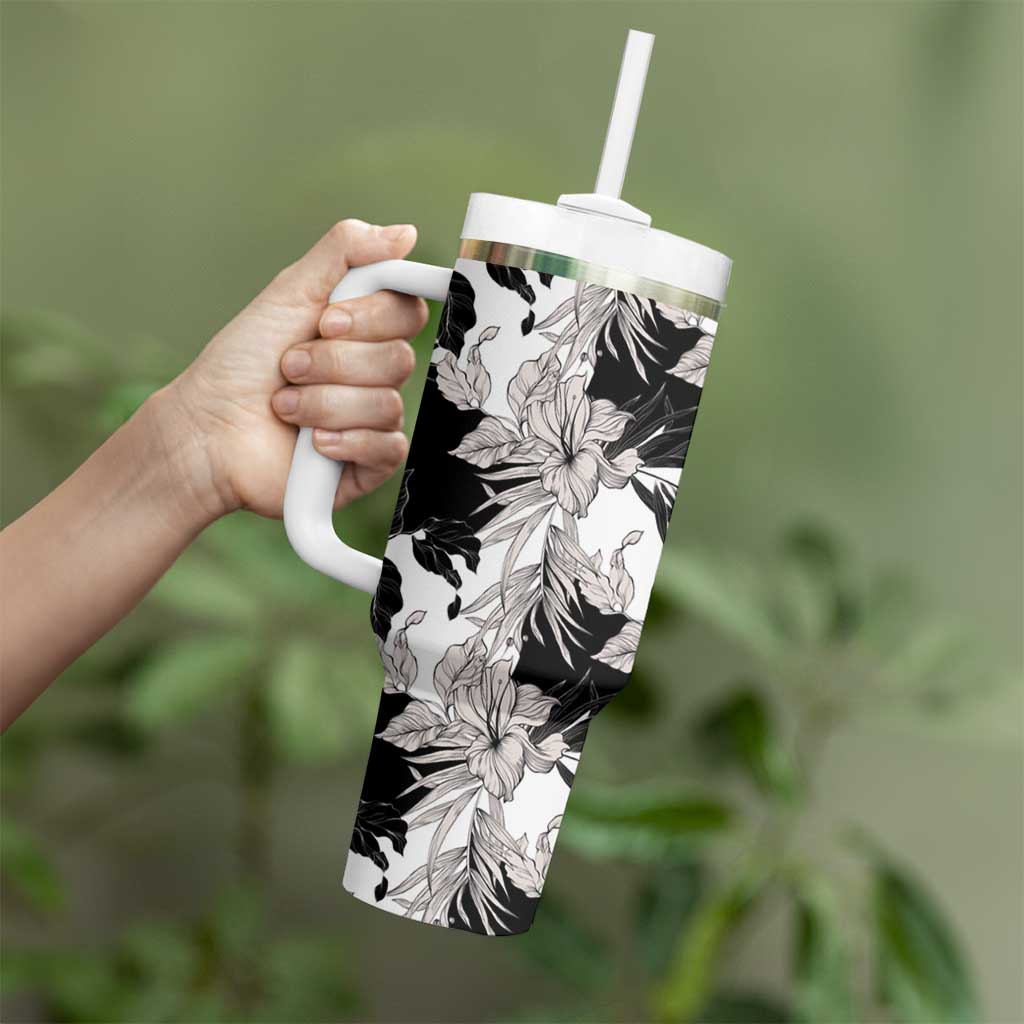 Black White Monotone Tropical Flowers Pattern Tumbler With Handle LT01 - Polynesian Pride