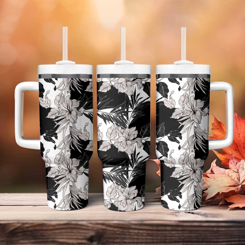 Black White Monotone Tropical Flowers Pattern Tumbler With Handle LT01 - Polynesian Pride