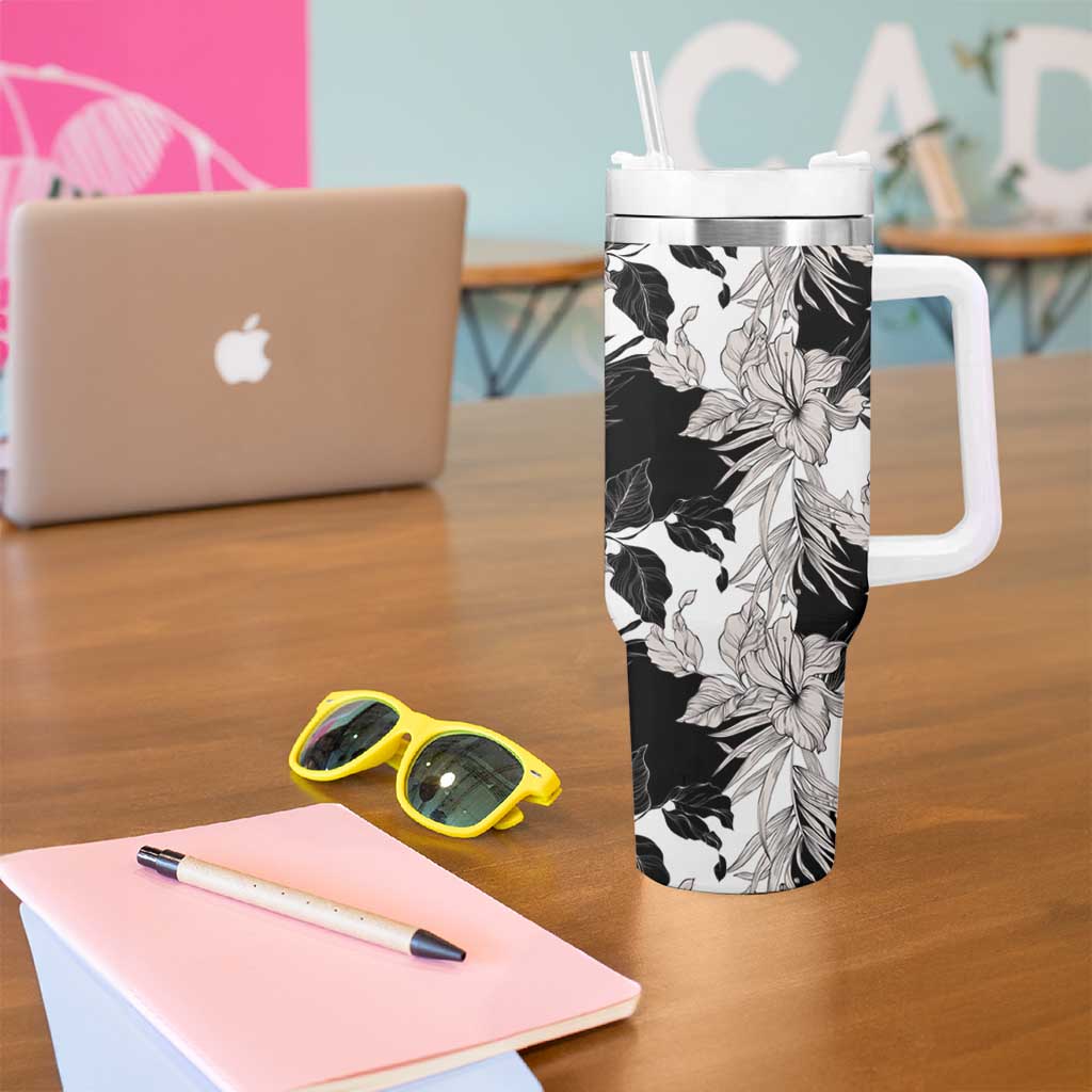 Black White Monotone Tropical Flowers Pattern Tumbler With Handle LT01 - Polynesian Pride