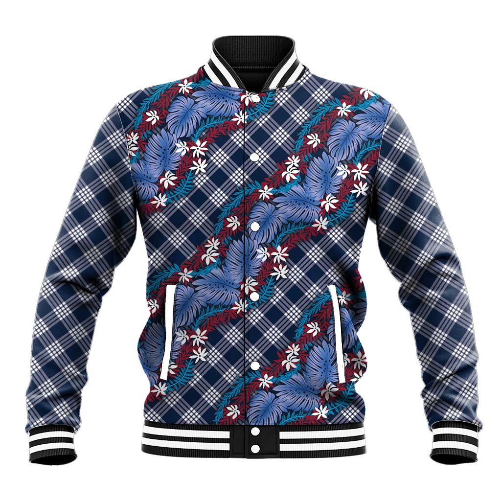 Polynesian Monstera Tiare Floral Baseball Jacket Royal Blue Tropical Plaid LT01 Unisex Blue - Polynesian Pride