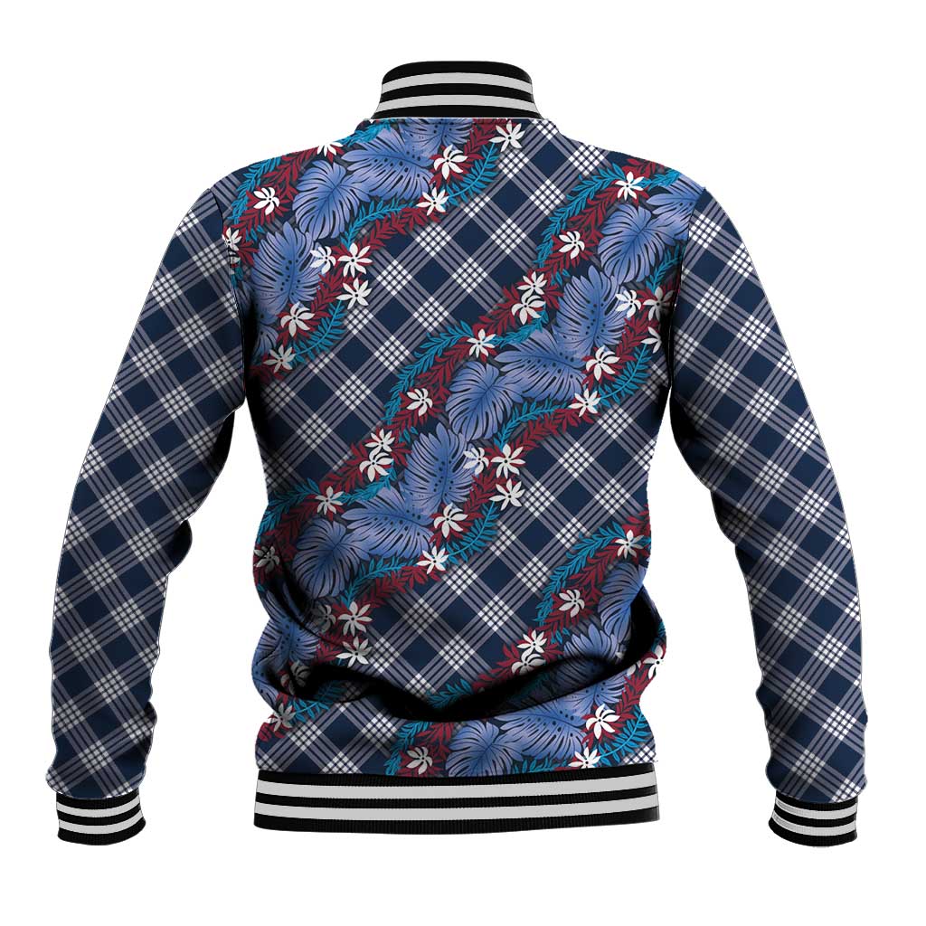 Polynesian Monstera Tiare Floral Baseball Jacket Royal Blue Tropical Plaid LT01 - Polynesian Pride