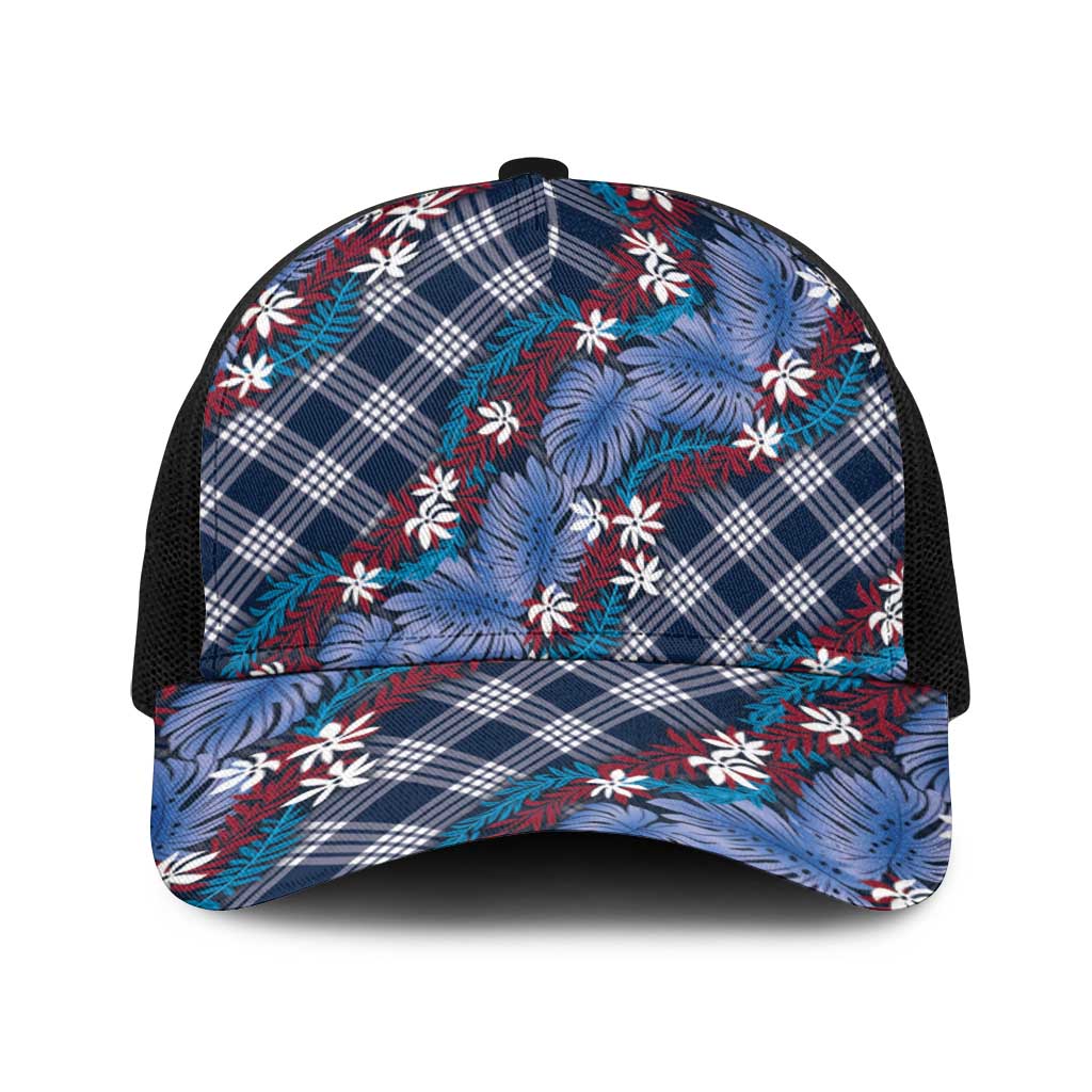 Polynesian Monstera Tiare Floral Baseball Net Cap Royal Blue Tropical Plaid LT01 One Size Black Blue - Polynesian Pride