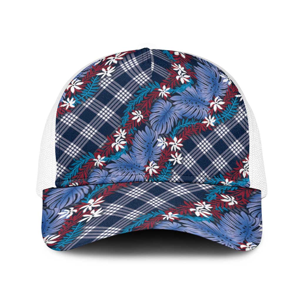 Polynesian Monstera Tiare Floral Baseball Net Cap Royal Blue Tropical Plaid LT01 One Size White Blue - Polynesian Pride