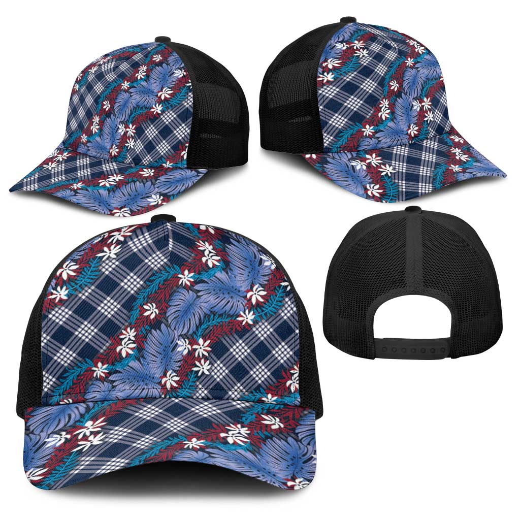 Polynesian Monstera Tiare Floral Baseball Net Cap Royal Blue Tropical Plaid LT01 - Polynesian Pride