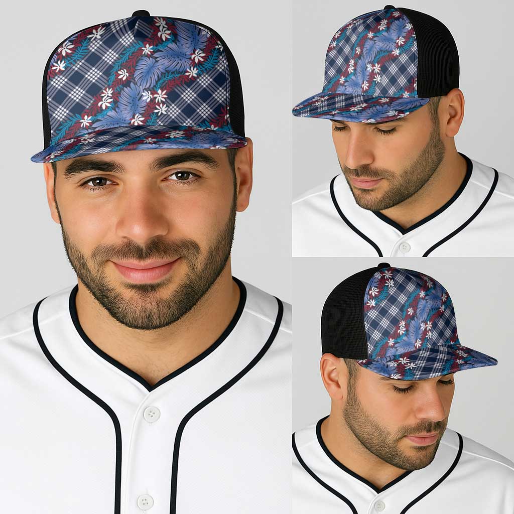 Polynesian Monstera Tiare Floral Baseball Net Cap Royal Blue Tropical Plaid LT01 - Polynesian Pride