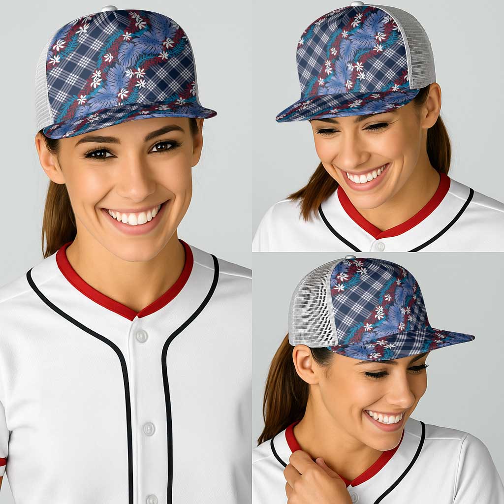 Polynesian Monstera Tiare Floral Baseball Net Cap Royal Blue Tropical Plaid LT01 - Polynesian Pride