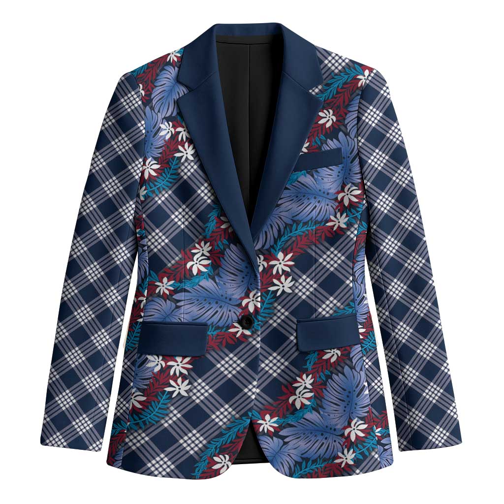 Polynesian Monstera Tiare Floral Blazer Royal Blue Tropical Plaid LT01 Unisex Blue - Polynesian Pride
