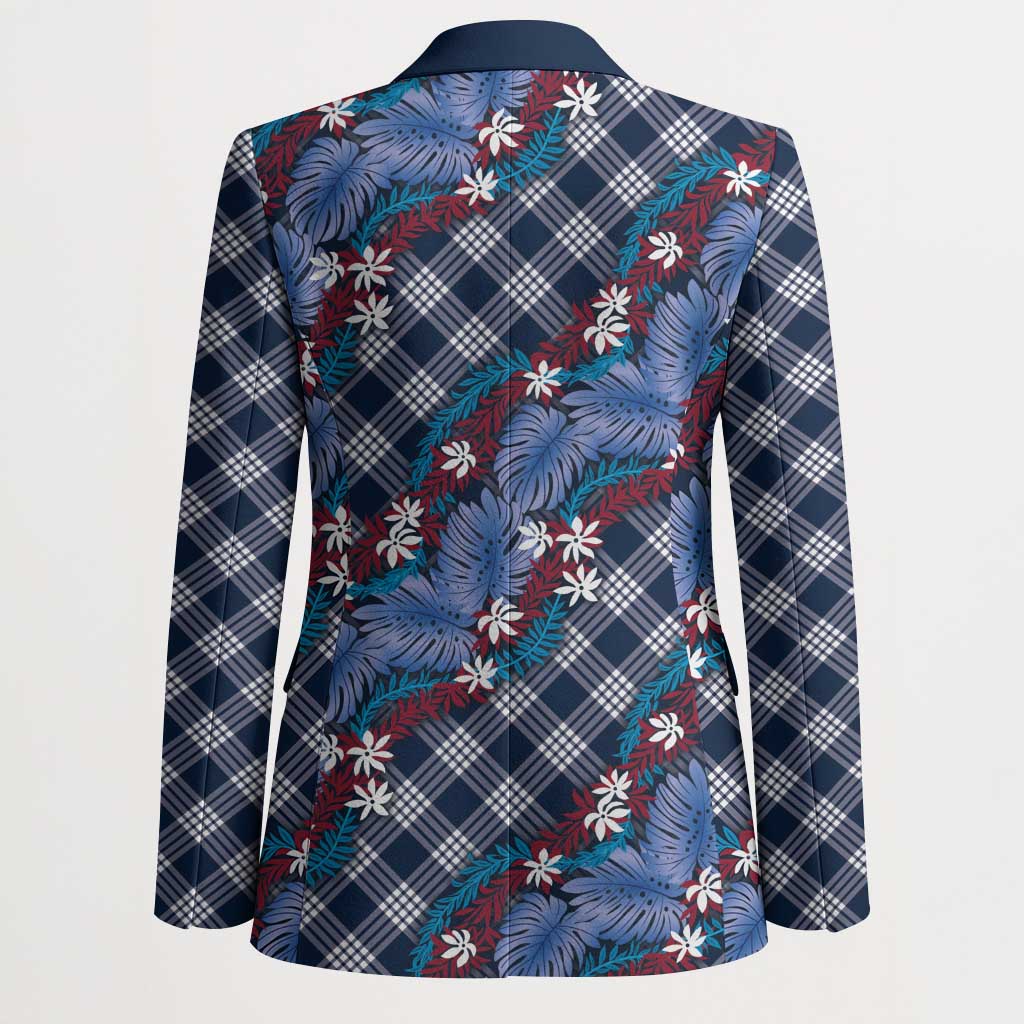 Polynesian Monstera Tiare Floral Blazer Royal Blue Tropical Plaid LT01 - Polynesian Pride