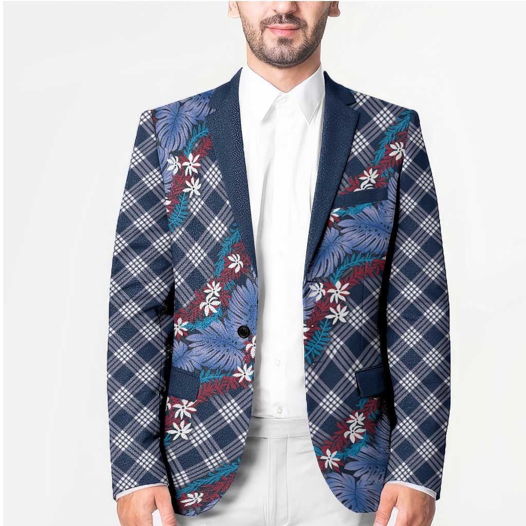 Polynesian Monstera Tiare Floral Blazer Royal Blue Tropical Plaid LT01 - Polynesian Pride