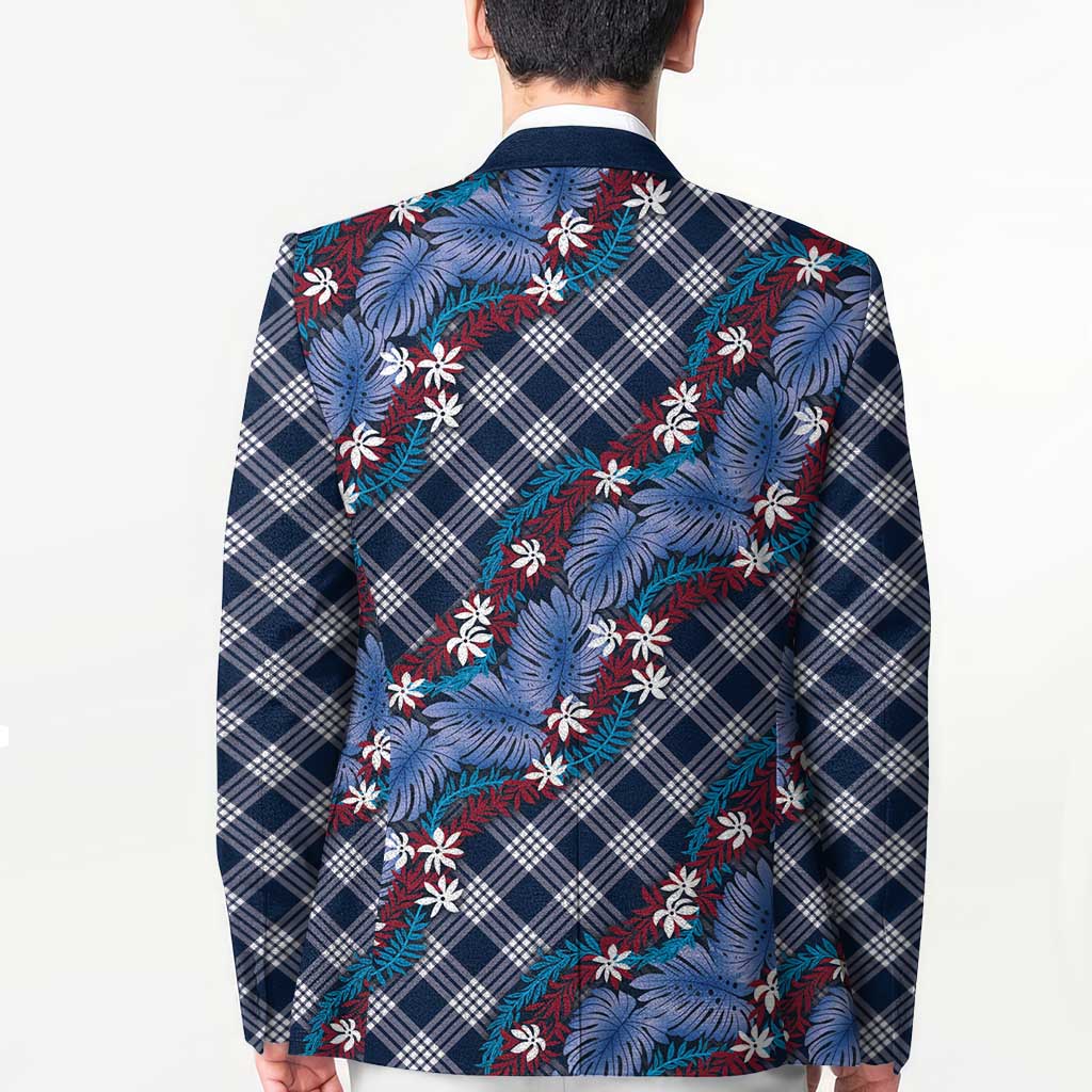 Polynesian Monstera Tiare Floral Blazer Royal Blue Tropical Plaid LT01 - Polynesian Pride
