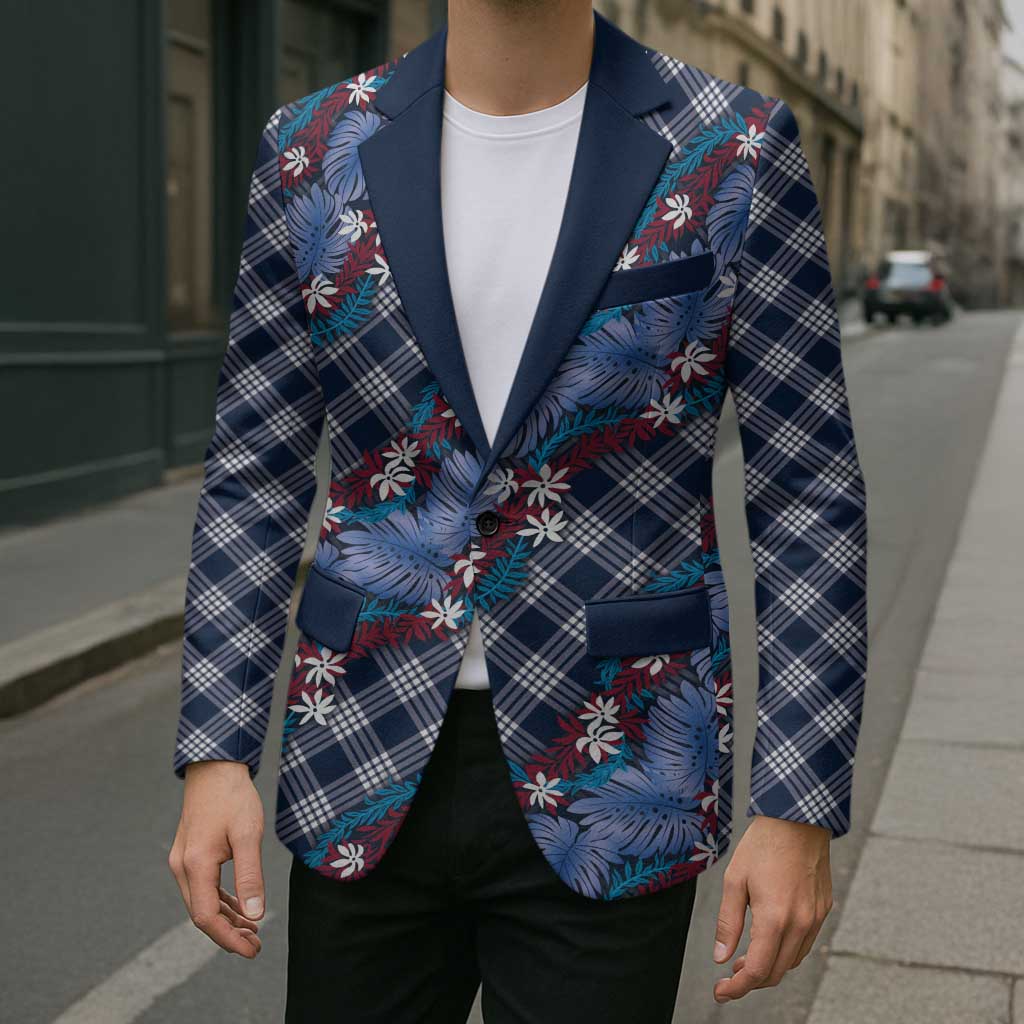 Polynesian Monstera Tiare Floral Blazer Royal Blue Tropical Plaid LT01 - Polynesian Pride