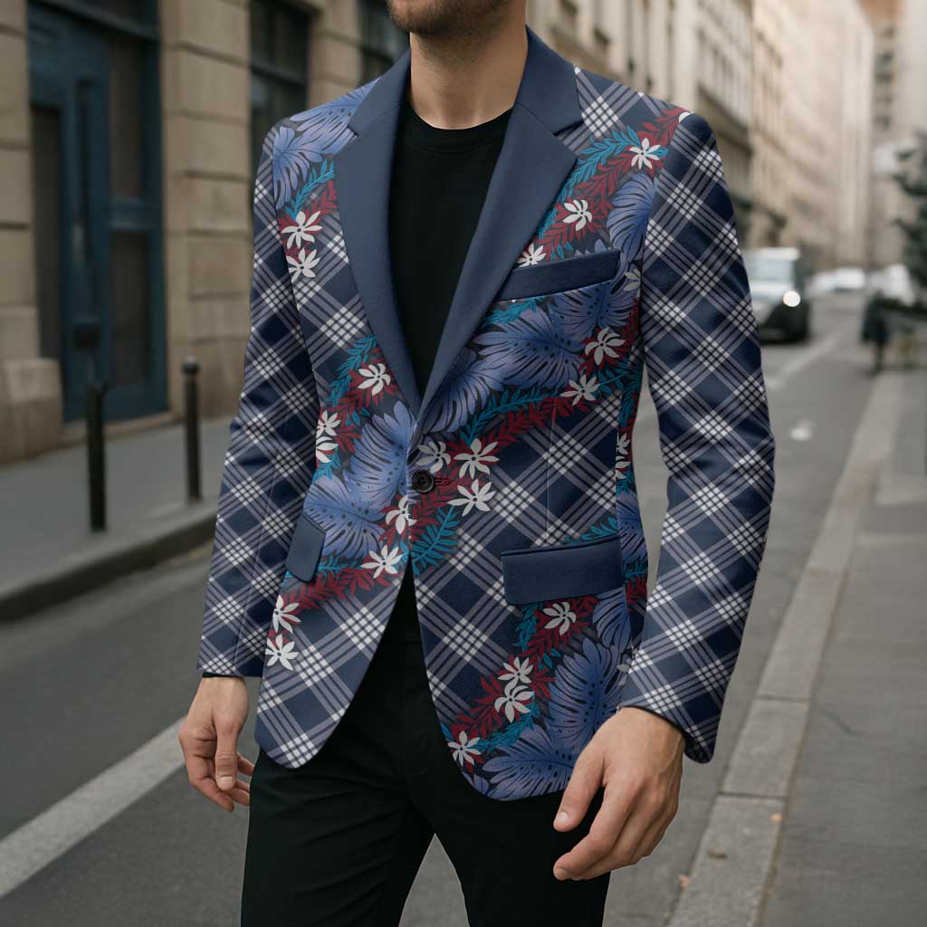 Polynesian Monstera Tiare Floral Blazer Royal Blue Tropical Plaid LT01 - Polynesian Pride