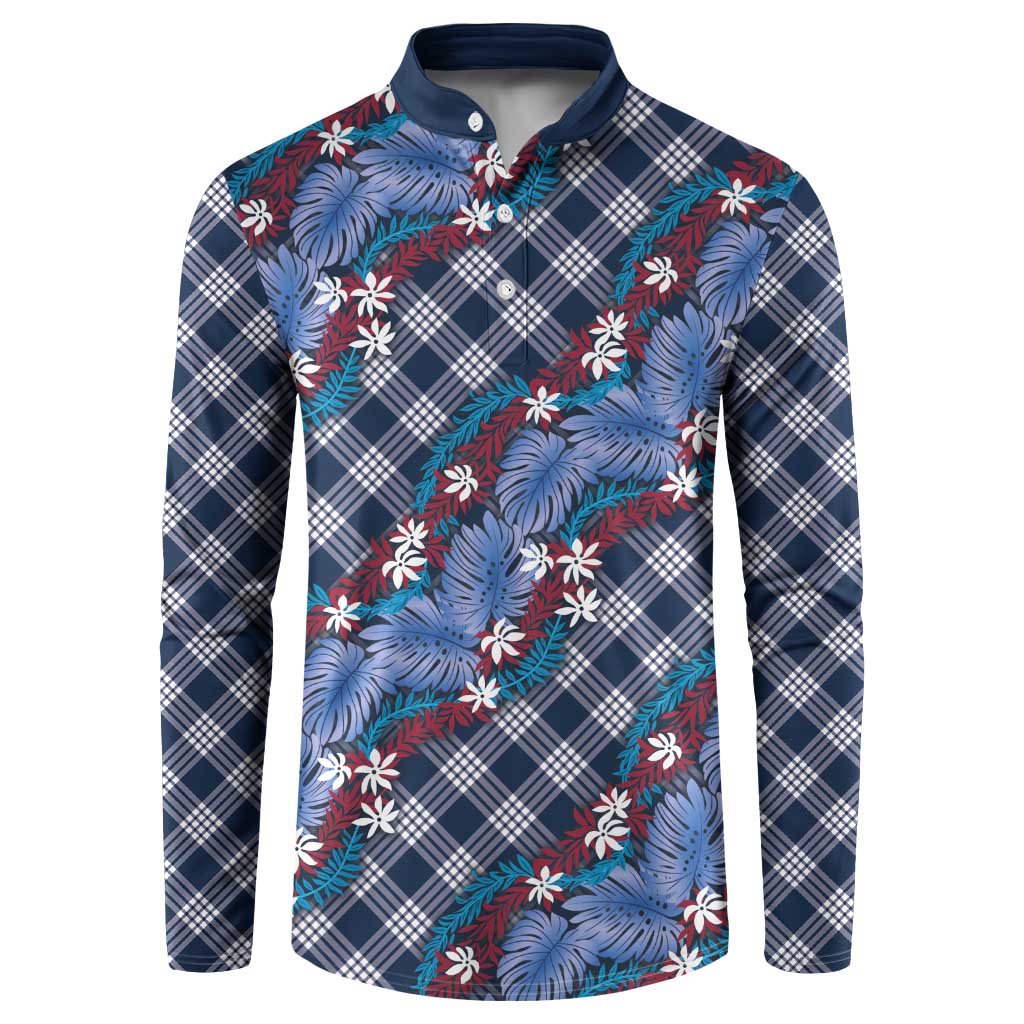 Polynesian Monstera Tiare Floral Button Sweatshirt Royal Blue Tropical Plaid LT01 Blue - Polynesian Pride