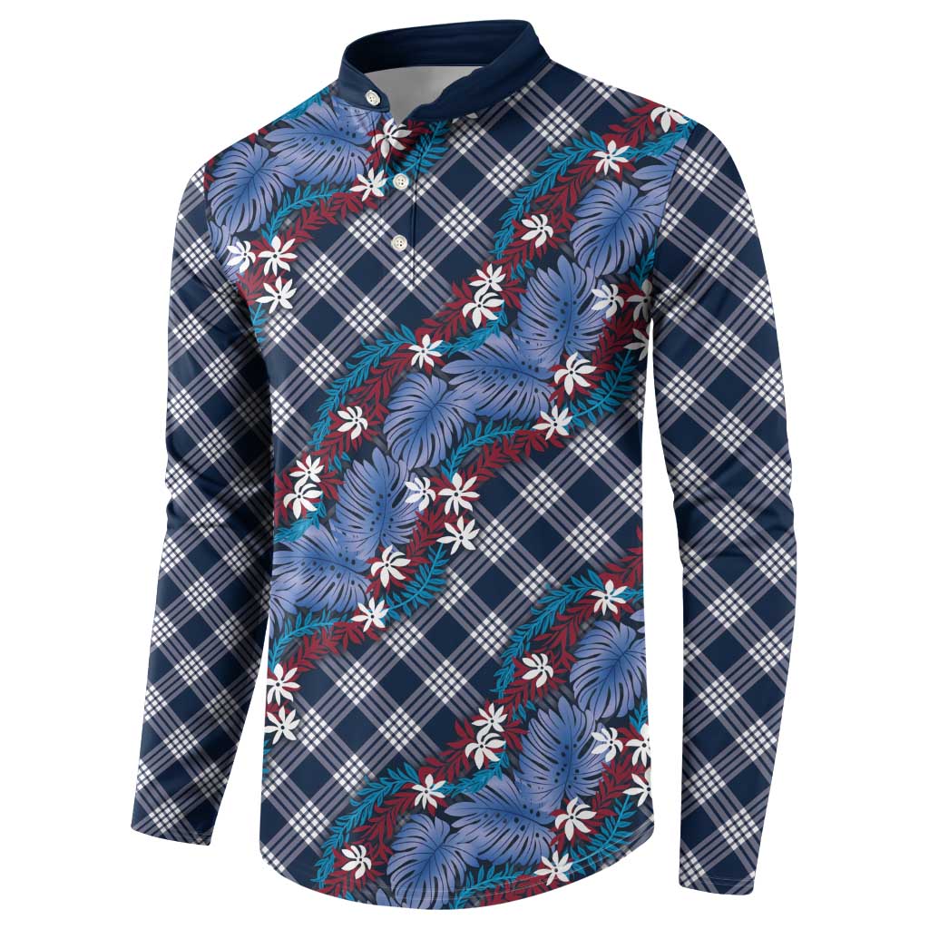 Polynesian Monstera Tiare Floral Button Sweatshirt Royal Blue Tropical Plaid LT01 - Polynesian Pride