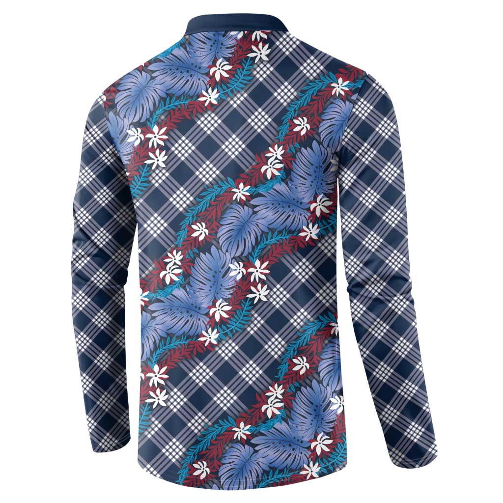 Polynesian Monstera Tiare Floral Button Sweatshirt Royal Blue Tropical Plaid LT01 - Polynesian Pride