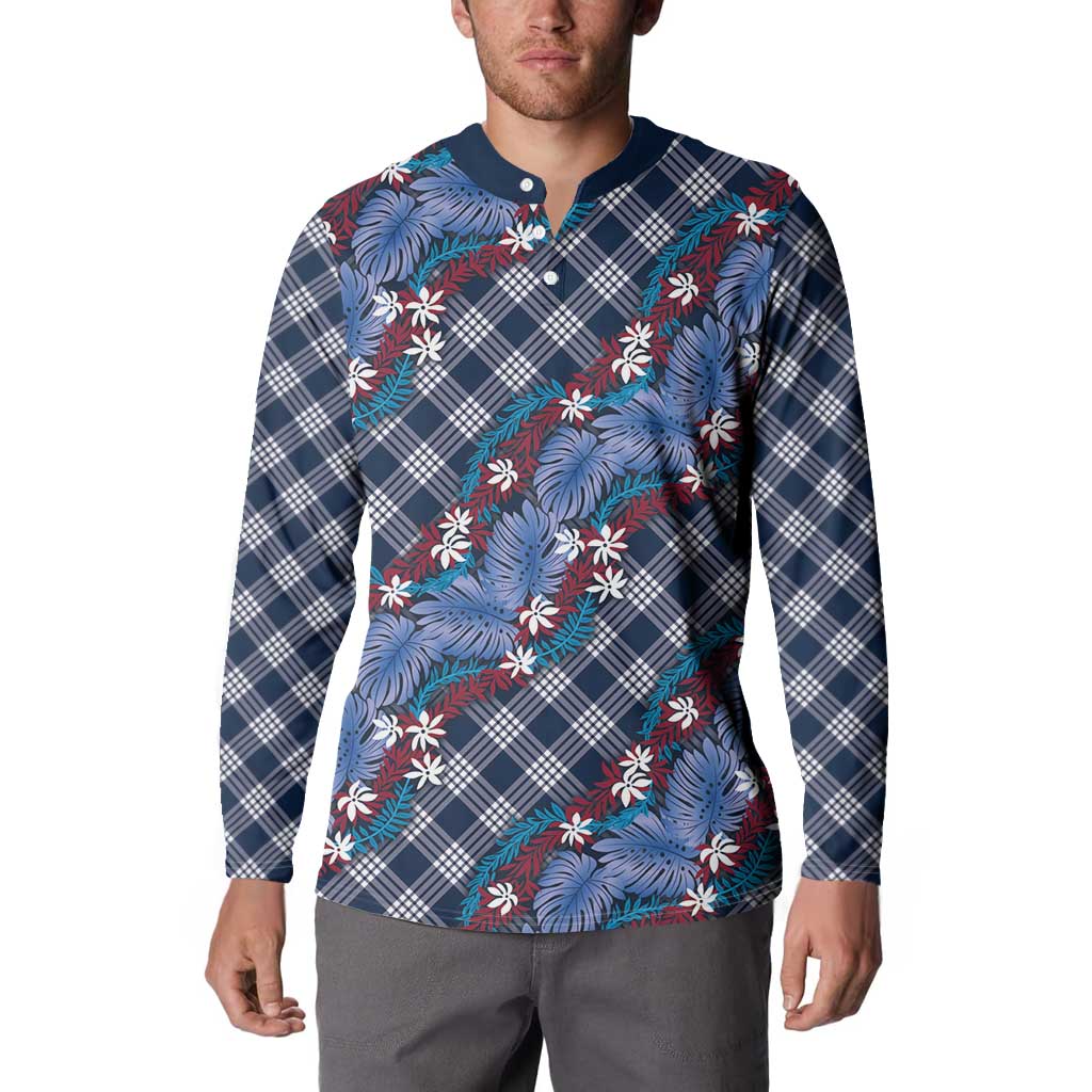 Polynesian Monstera Tiare Floral Button Sweatshirt Royal Blue Tropical Plaid LT01 - Polynesian Pride