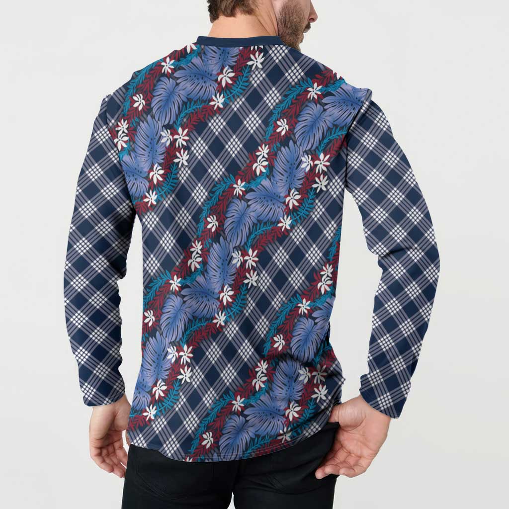 Polynesian Monstera Tiare Floral Button Sweatshirt Royal Blue Tropical Plaid LT01 - Polynesian Pride