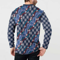 Polynesian Monstera Tiare Floral Button Sweatshirt Royal Blue Tropical Plaid LT01 - Polynesian Pride