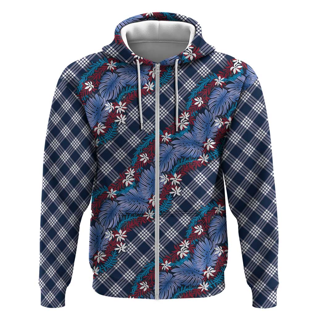 Polynesian Monstera Tiare Floral Hoodie Royal Blue Tropical Plaid LT01 Zip Hoodie Blue - Polynesian Pride