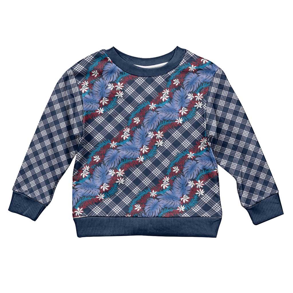 Polynesian Monstera Tiare Floral Kid Ugly Christmas Sweater Royal Blue Tropical Plaid LT01 Kid Blue - Polynesian Pride